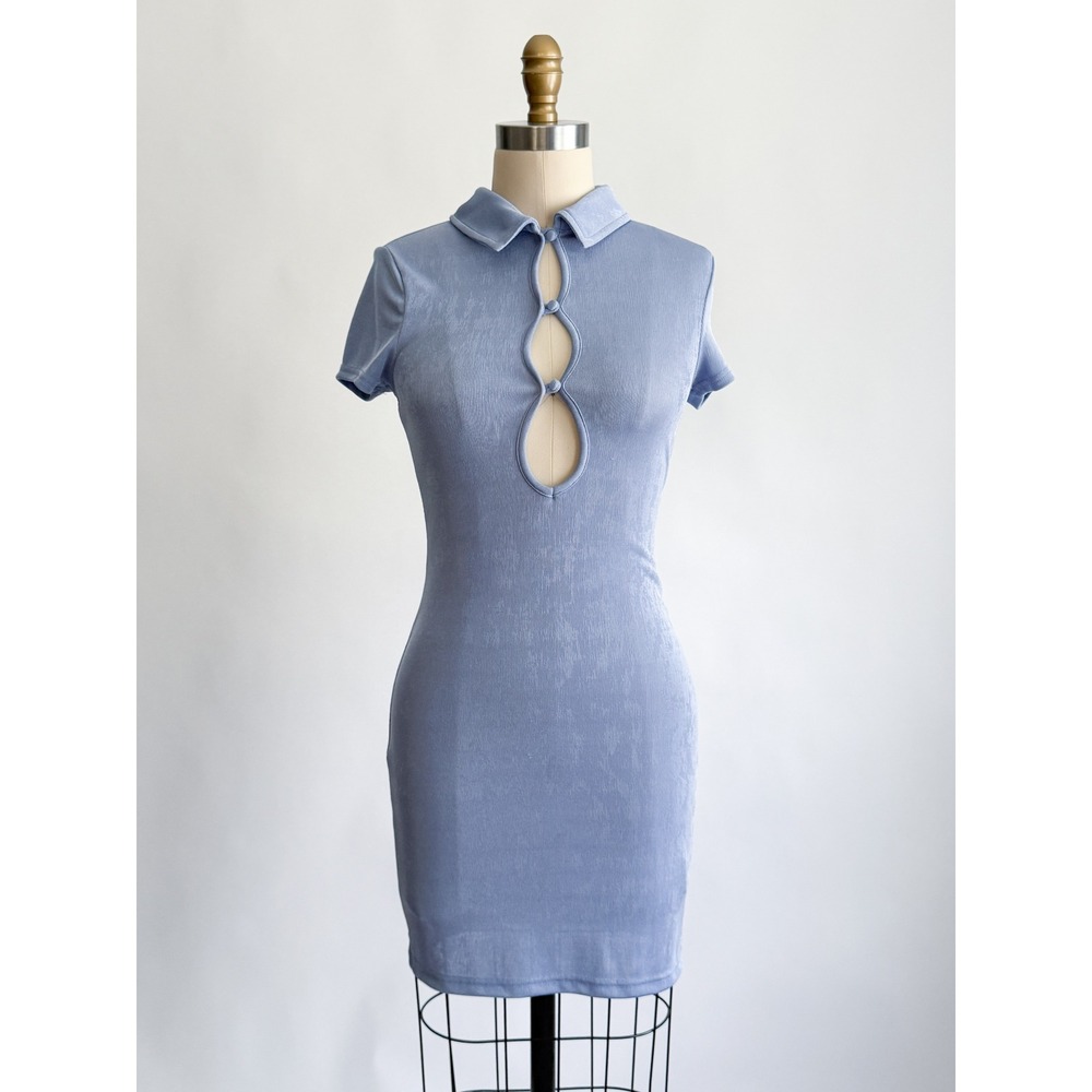 Urban Outfitters Mini Dress Keyhole Cutout Bodycon S Light Blue Ribbed Collared